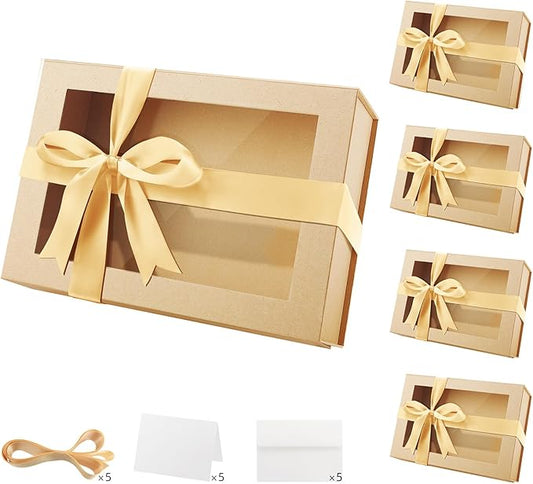PACKQUEEN 5 Large Kraft Gift Boxes with Windows, 13.5x9x4.1 Inches Clear Gift Boxes for Presents Contain Ribbons, Cards, Groomsmen Proposal Boxes, Boxes with Magnetic Lids