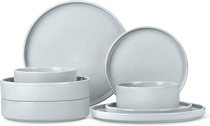 Herogo Stoneware Dinnerware Set with Salad Bowls, 8 Piece Plates and Pasta Cereal Bowls for 2, Kitchen Dinner Dish Set, Dishwasher & Microwave Safe, Speckled Light Gray