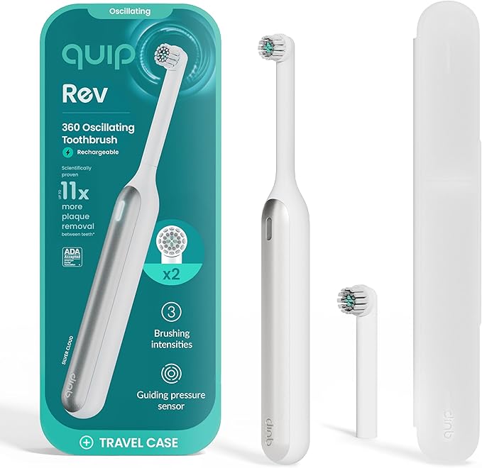 Quip Rev Oscillating Rechargeable Electric Toothbrush with Extra Brush Head - Soft Bristles, Pressure Sensor, 3 Intensities, 30-Day Battery Life, 2-Min Timer, Travel Case, Mirror Mount - Silver Cloud
