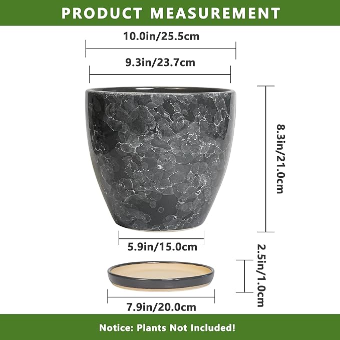 Ceramic Pots for Plants - 10 Inch Planter for Indoor Outdoor, Decorative Round Flower Pot with Drainage Hole and Saucer, Garden Patio Living Room Home Decor, Housewarming Gifts, Grey