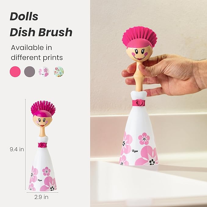 Vigar Dolls April Dish Brush with Ergonomic Handle and Dres-shaped Storage Holder - Scrub Brush for Pans, Pots, Kitchen Sink Cleaning, White, Pink