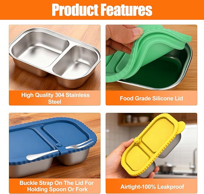 Stainless Steel Snack Containers with Silicone Lids, 2 Pack Reusable 2 Compartment Food Storage Containers, Snackle Box Container Leak-Proof Metal Bento Lunch Box for School, Travel, Home
