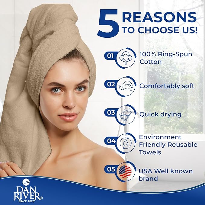 DAN RIVER 8 PC Luxury Bath Towels for Bathroom, 2 Bath, 2 Hand, and 4 Wash Cloths, 600 GSM 100% Ring Spun Cotton Towel Set, Highly Absorbent, Gym, Hotel, and Spa, Tan