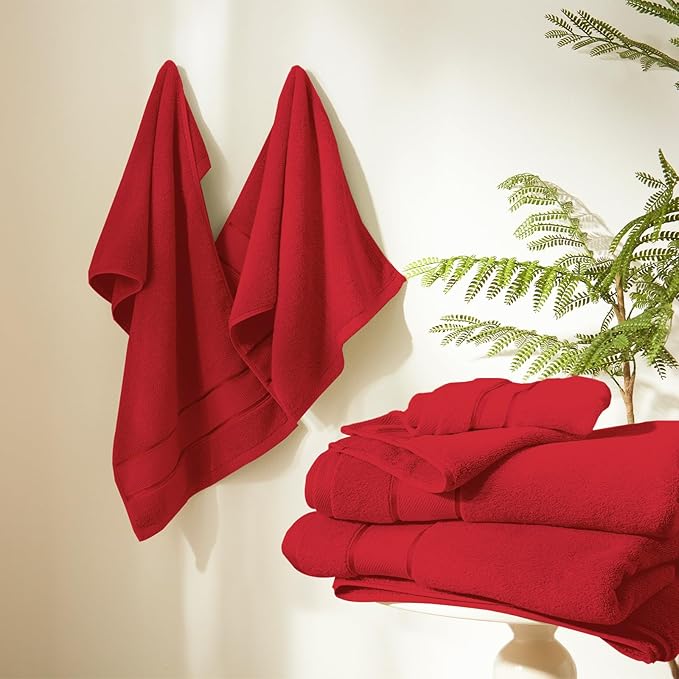 Marvione Bath Towels Set 6 Piece, 100% Turkish Cotton Highly Absorbent and Soft Towels for Bathroom 2 Bath Towels 2 Hand Towels 2 Washcloths, Red
