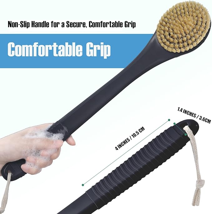 17-Inch Back Scrubber for Shower, Anti-Slip Exfoliating Body Brush for Bath, Gentle Back Brush for Shower for Men, and Women, Cleaning Skin for Smooth, Glowing Skin (Boar Bristles)