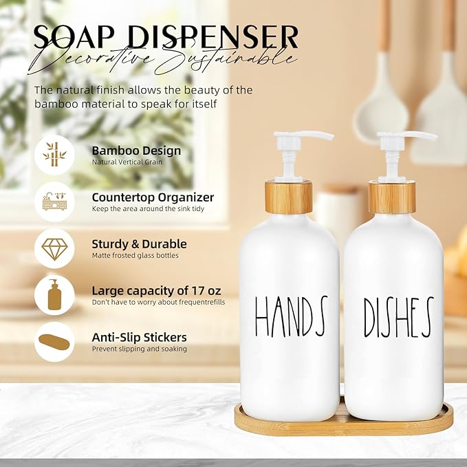 Arktek Glass Soap Dispenser Set with Tray, 2 Pack Hand and Dish Soap Dispenser Set for Bathroom and Kitchen Bottle Dispenser with Dish Soap, Hand Soap, Lotion 17 Oz (2 White)