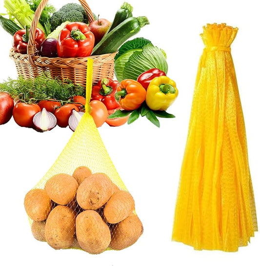 100Pcs Reusable Produce Plastic Mesh Bag,20 Inch Seafood Boil Bags，Kitchen Organizer Produce Packaging Supplies Net，Vegetable and Fruit Seafood Plastic Mesh Strap Storage Bag (Yellow)
