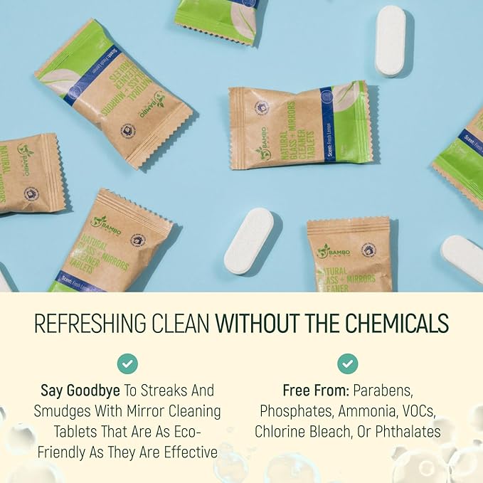 12 Pack Natural Glass & Mirror Cleaner Spray - Window Cleaning Tablets Refill - Eco-Friendly Product & Cleaning Supplies - 1 Tablet = 17oz Spray (204oz Total) - Fresh Lemon