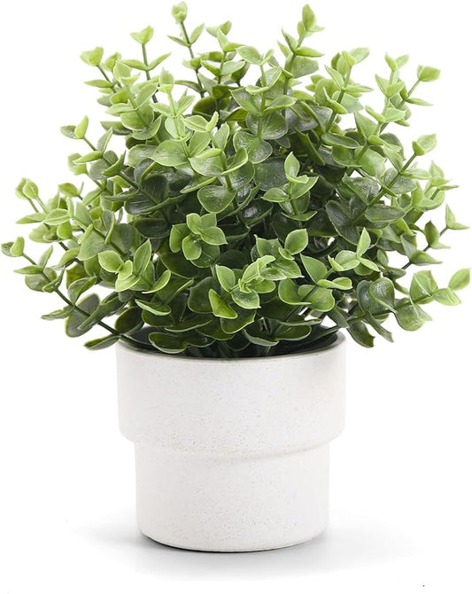 Small Fake Plants 7.45” Eucalyptus Potted Artificial Eucalyptus Plant for Home Bathroom Office Farmhouse Restroom Shelf Desk Mantel Coffee Table Decor (Green)