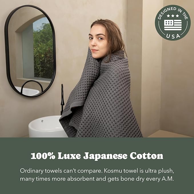 Luxury Japanese Cotton Waffle Bath Towel | Plush, Absorbent, and Quick Dry | Free Storage Bag Included (Smoke Grey, Bath Towel (55" x 34"))