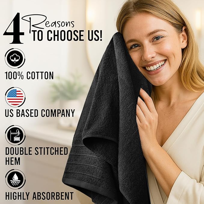 DAN RIVER Bath Towels Set of 4, 30 x 60 Inches, 100% Cotton, Larger & Lighter Weight, Quicker to Dry, Super Soft and Absorbent, Ideal Hotel Towels for Daily Use, Black