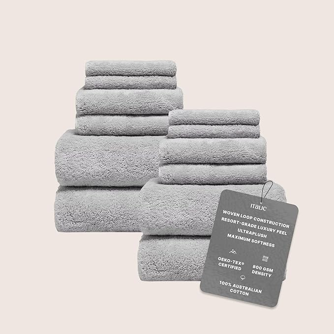 Italic Ultraplush 12-Piece Family Towel Set – Luxury Bath Towels, Hand Towels & Washcloths – Plush, Quick Dry 800GSM 100% Australian Cotton for Bathroom & Spa (Light Gray)