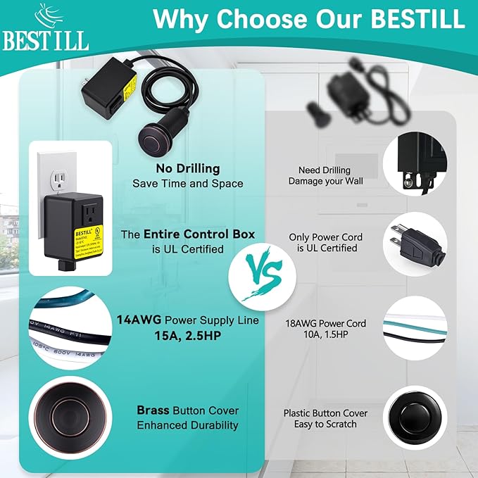 BESTILL Garbage Disposal Air Switch Kit-UL Listed, Cordless Sink Top Switch Button for Waste Disposer, 3.6" Long Push Button with Brass Cover, Oil Rubbed Bronze, Compatible with all Garbage Disposals
