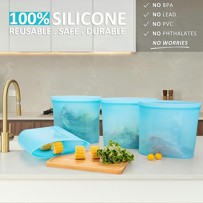 Reusable Food Storage Bags Extra Large, 0.8 Gallon/101 fl.oz/3000 ml, 4 Pack 100% Silicone Food Storage Bags Stand-Up Wide-Mouth Zip-Lock for Large Items, Freezer Microwave Oven Dishwasher Safe, Blue