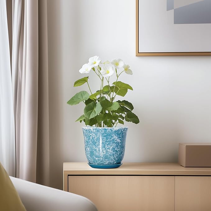 Ceramic Pots for Plants - 5.6 Inch Plant Pot with Drainage Hole and Saucer, Round Succulent Flower Orchid Pot for Indoor Outdoor, Modern Planter, Home Room Decor, Gift for Plant Lover, Blue