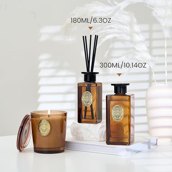 M&SENSE 6.3 oz Large Reed Diffuser Set | Tobacco Teakwood Scent Oil Diffuser with Sticks | Hotel Collection Non-Toxic Essential Oil |for Bedroom Bathroom Living Room