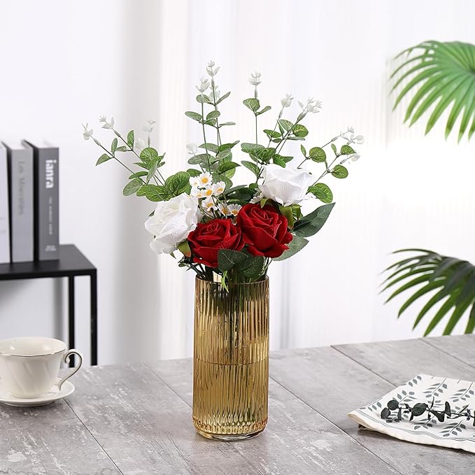 Ribbed Glass Vase, Amber Glass Vase, Flower Vase for Bouquet, Glass Vase for Flowers, Modern Vase, Ribbed Vase for Living Room, Bathroom, Dining Table, Office, Wedding, Centerpieces, 8 Inches