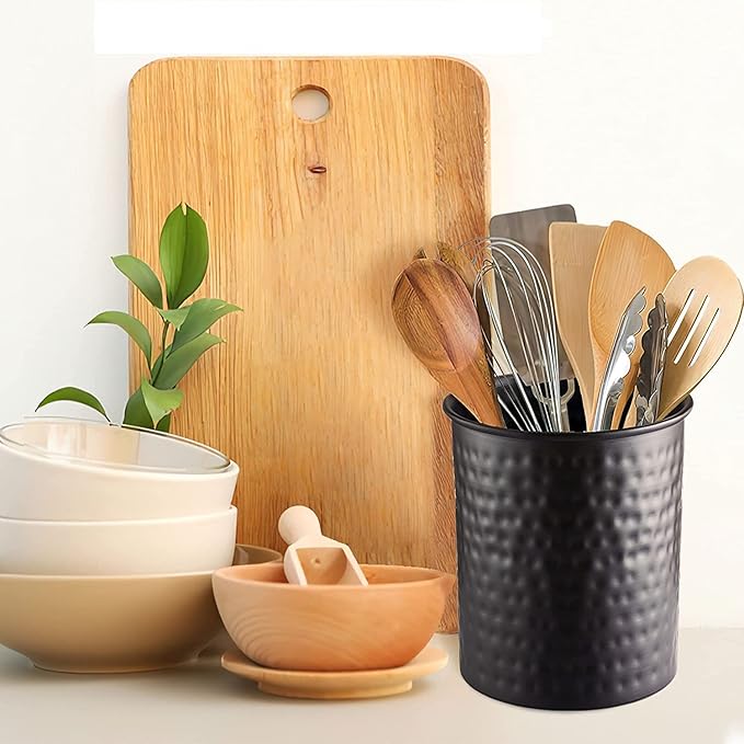 Monarch Abode Hand Hammered Kitchen Utensil Holder for Kitchen Counter, Spatula, Ladle, and Large or Small Spoon Holder, Decorative Cooking Utensil Crock Organizer for Countertop, Matte Black