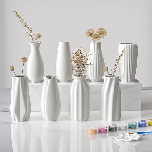 OERGKE White Ceramic Vase with Painting Kit Small vases for Flowers, Home Farmhouse Decor Modern Boho Vases for Living Room, Office, Dining Table, Bedroom, Kitchen Shelf(8packs)