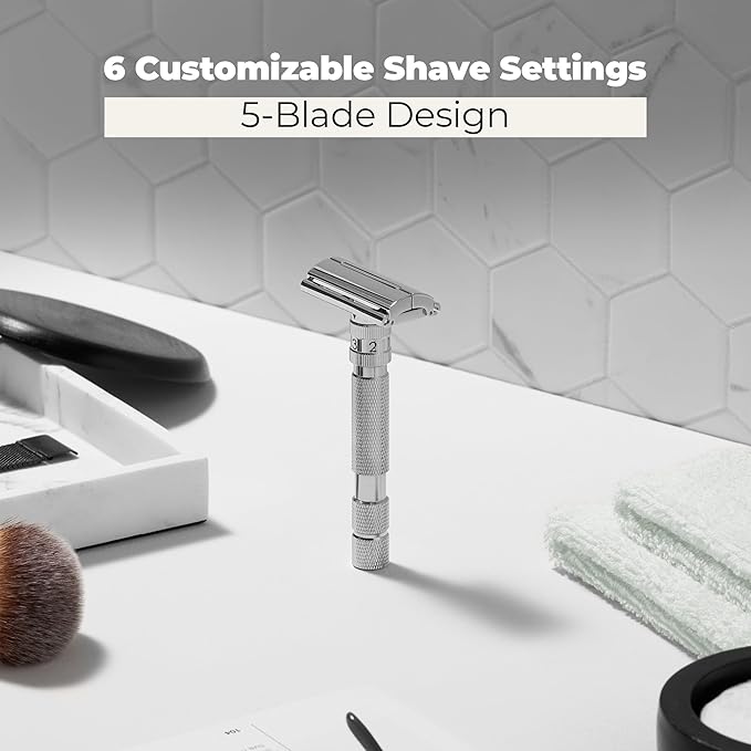 Rockwell Razors T2 Adjustable Safety Razor in White Chrome. Infinite Shave Settings for all Skin Types. Twist-To-Open Mechanism. Includes 5 Fully Recyclable Razor Blades. Built to Last a Lifetime.