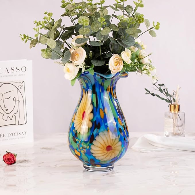 KAMMAK Colored Glass Vase, Beautiful Hand Blown Decorative Vase, Modern Art Vase for Flower Mantle Dining Table Centerpiece, Entryway Living Room Wedding Decoration, FH027