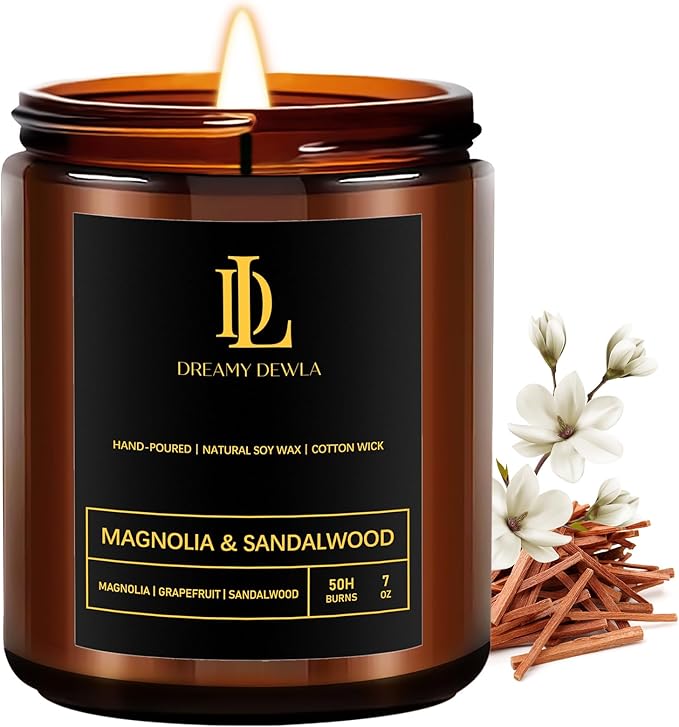 Magnolia & Sandalwood Scented Candles, Soy Candle for Home Scented, Candles Gift for Women Men, 7oz with 50 Hour Burn Time