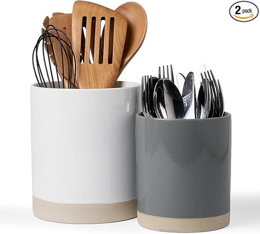 famiware Milkyway Kitchen Utensil Holder for Countertop, Ceramic Cooking Utensil Crocks for Kitchen Counter, Utensil Organizer for Spatula & Spoon, Set of 2, White and Dark Gray