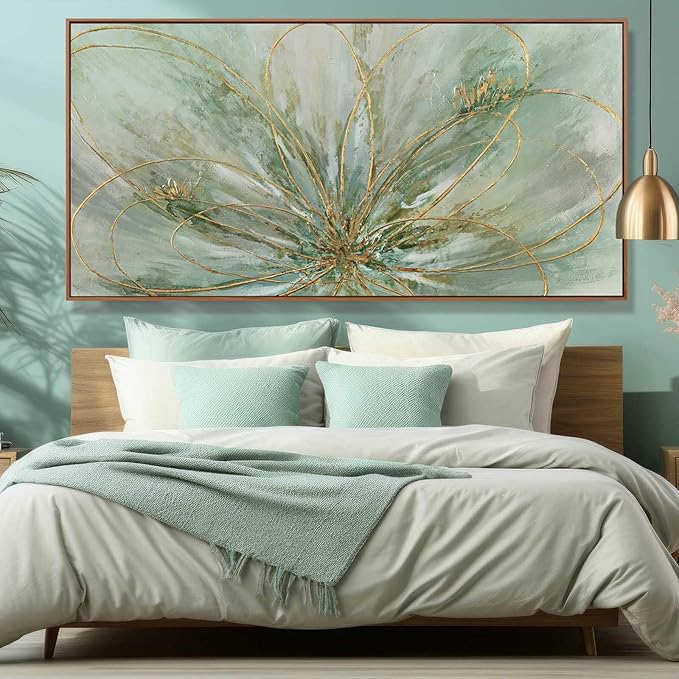 YJYart Abstract Canvas Wall Art Gold Line Wall Posters Green Wall Decor 36"x70" Oversized Artwork for Bedroom Dining Room Walls