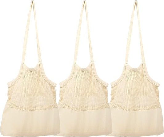 Reusable Mesh Grocery Shopping Bags - Organic Cotton Mesh Tote Bags - Net Farmers Market Bags with Reinforced Bottom - Mesh Mushroom Foraging Tote Bags - Portable Cotton French Market Tote (3 Bags)