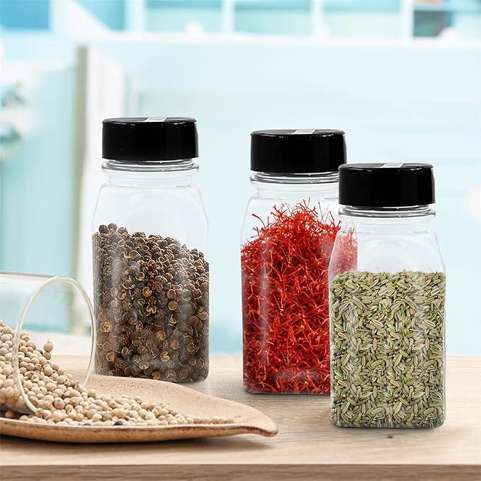 RoyalHouse 12 Pack 9.5 Oz Plastic Spice Jars with Black Cap, Clear and Safe Plastic Bottle Containers with Shaker Lids for Storing Spice, Herbs and Seasoning Powders, BPA Free, Made in USA