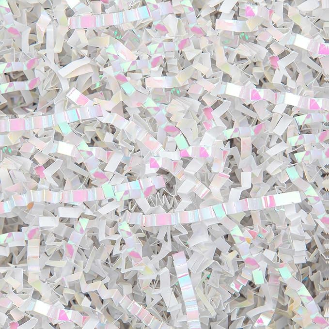 8.5oz Crinkle Paper Filler, Gift Baskets Gift Boxes Crafts Shredded Cut Paper Packaging Decorative Stuffing & Cushioning Confetti for Easter Birthday Wedding Party Favor Diamond White