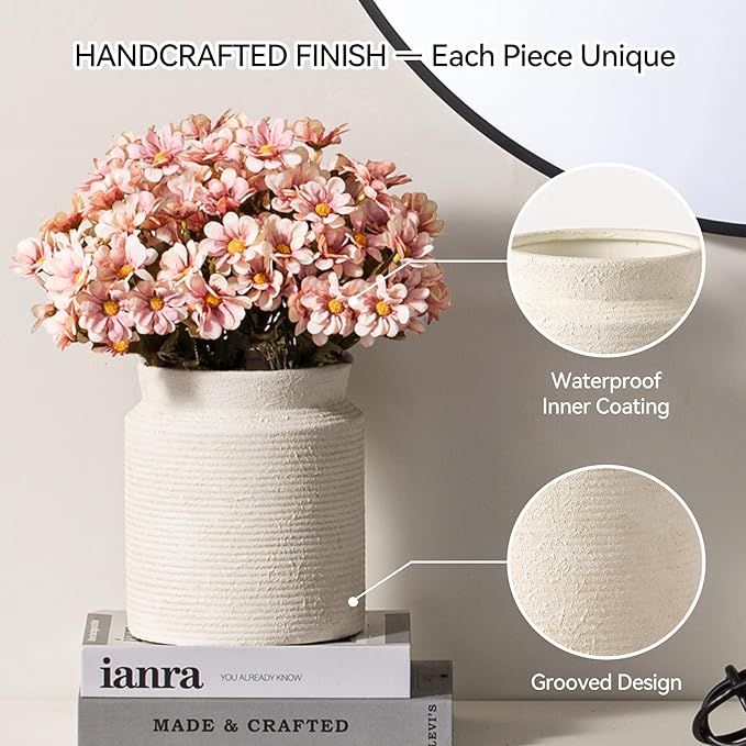 Ceramic Flower Vase 6.5 inch Farmhouse Rustic Vase for Home Decor Handcrafted Pottery Vase Small Terracotta Vases for Dining Table Decor Fireplace Living Room Bathroom Wedding Centerpiece (02-White)