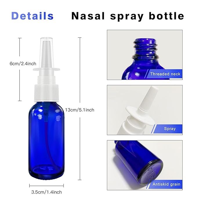 Nasal Spray Bottles 6Pcs1oz (30ml),Empty Nasal Spray Bottle with Funnel,Dropper,Label,Cobalt Blue Glass Nose Spray Bottle,Press Spray Head Refillable Portable Fine Mist Travel Bottle
