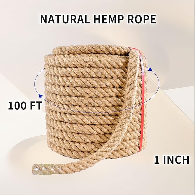 Jute Rope: Twisted Manila, 25mm Natural Thick Hemp - Heavy Duty Tug of War & Home Decor, 100 ft