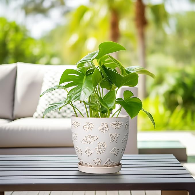 Ceramic Planter Pot - 6.8 Inch Plant Pot with Drainage Hole and Saucer, Succulent Round Flower Pot for Plants Indoor Outdoor, White