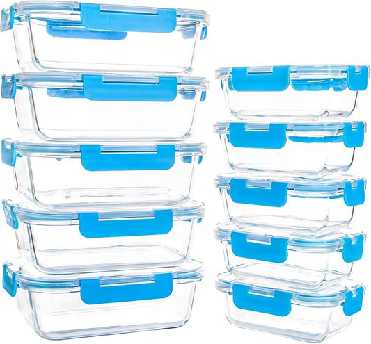 10 Pack Glass Food Storage Containers with Lids, Reusable Meal Prep Containers for Lunch, Airtight Glass Container Sets with Lids, Leak Proof, Microwave & Freezer Safe (34oz & 12oz)