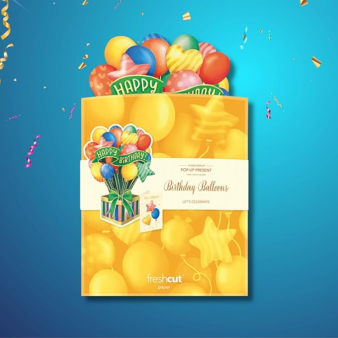 Freshcut Paper Pop Up Cards, Colorful Birthday Balloons, 12 Inch 3D Popup Greeting Card, Cards for Birthdays, Happy Birthday Card, Blank Notecard & Envelope