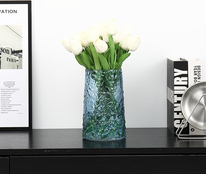 Blue Glass Vase, Flower Vases for Bouquet, Modern Glass Vase for Flowers, Large Vases for Living Room, Bedroom, Kitchen, Office, Wedding, Dining Table, 8 Inches