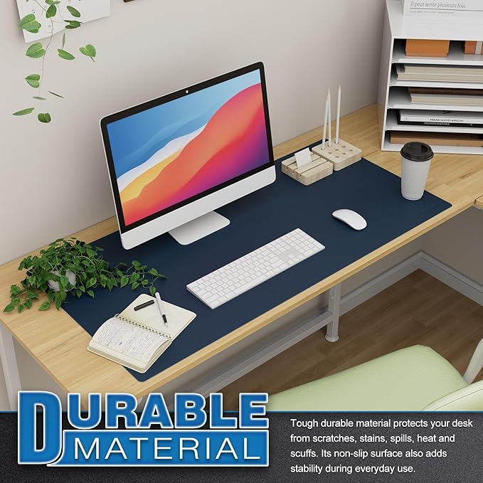 K KNODEL Large Office Leather Desk Mat, Mouse and Keyboard Pad, Computer and Laptop Mat, Desktop Protector and Cover, Writing Pad and Blotter (35.4"x17", Dark Blue)