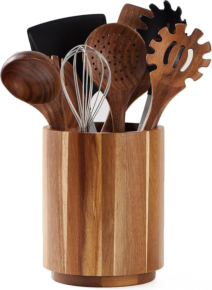 Acacia Wood Utensil Holder for Kitchen Counter, 360° Rotating 7.2" Wooden Cooking Utensil Crock for Countertop, Farmhouse Kitchen Decor