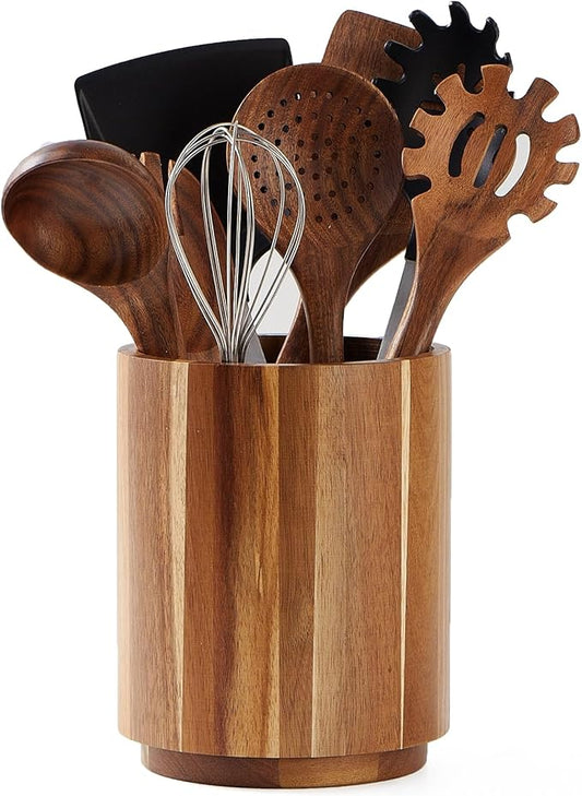 Acacia Wood Utensil Holder for Kitchen Counter, 360° Rotating 7.2" Wooden Cooking Utensil Crock for Countertop, Farmhouse Kitchen Decor