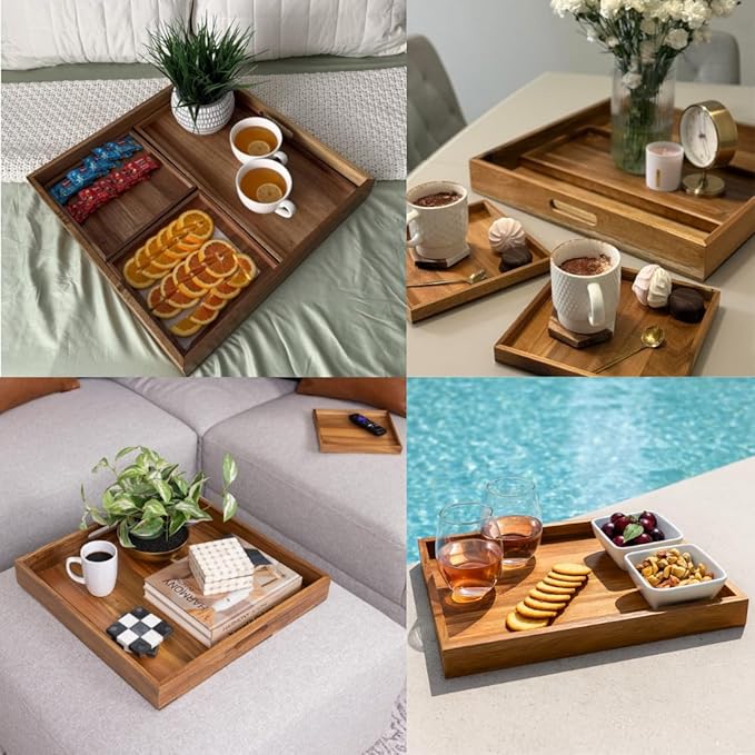 20 inch Large Square Ottoman Tray. Premium Acacia Wood Serving Tray for Living Room, Ottoman, Kitchen or as a Coffee Table Tray. Perfect Serving Tray for Breakfast in Bed, Appetizers or Parties
