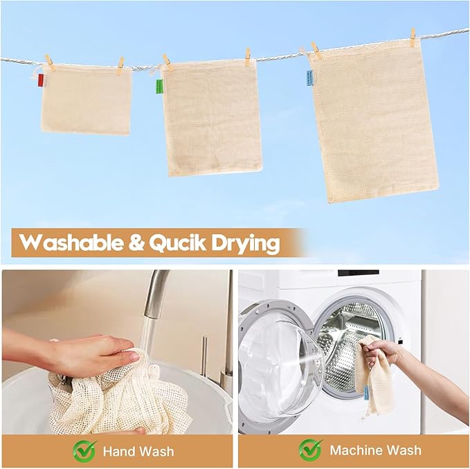 Ycsst 12 Pack Reusable Cotton Mesh Produce Bags - 100% Organic Cotton - Produce Bag - Double-Stitched - With Drawstring Produce Bag For Vegetables,Fruit & Grocery Shopping,4xS, 4xM, 4xL.