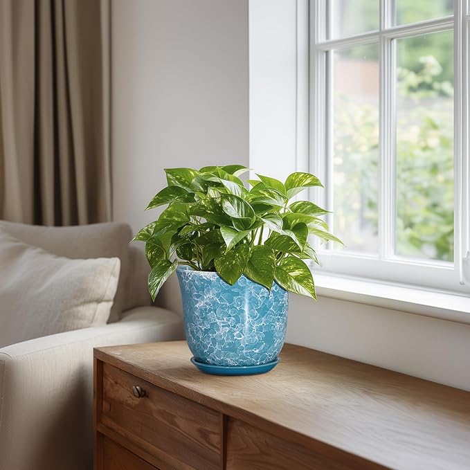 Ceramic Pots for Plants - 5.6 Inch Plant Pot with Drainage Hole and Saucer, Round Succulent Flower Orchid Pot for Indoor Outdoor, Modern Planter, Home Room Decor, Gift for Plant Lover, Blue