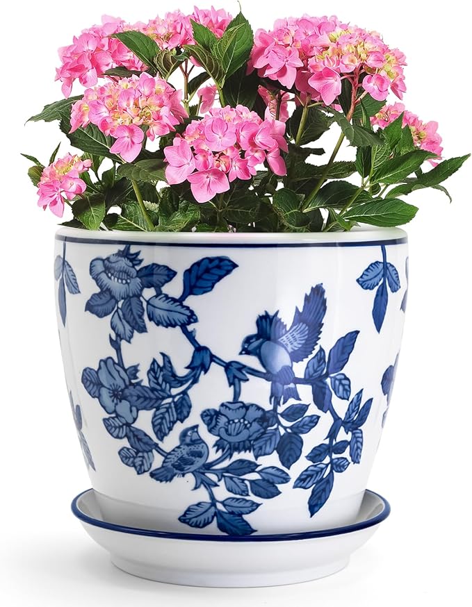 8 inch Ceramic Flower Pots, Chinoiserie Decor Ceramic Planter Plant Pots for Indoor Plants with Drainage and Saucer, Blue and White