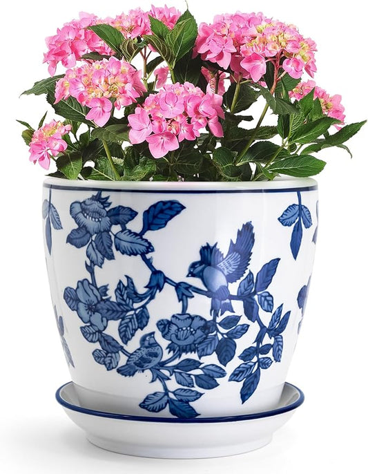 8 inch Ceramic Flower Pots, Chinoiserie Decor Ceramic Planter Plant Pots for Indoor Plants with Drainage and Saucer, Blue and White
