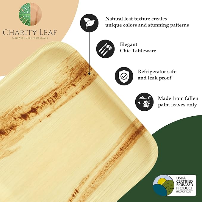 Charity Leaf Disposable Palm Leaf 6" Square Plates (50 pieces) Bamboo Like Serving Platters, Disposable Boards, Eco-Friendly Dinnerware For Weddings, Catering, Events