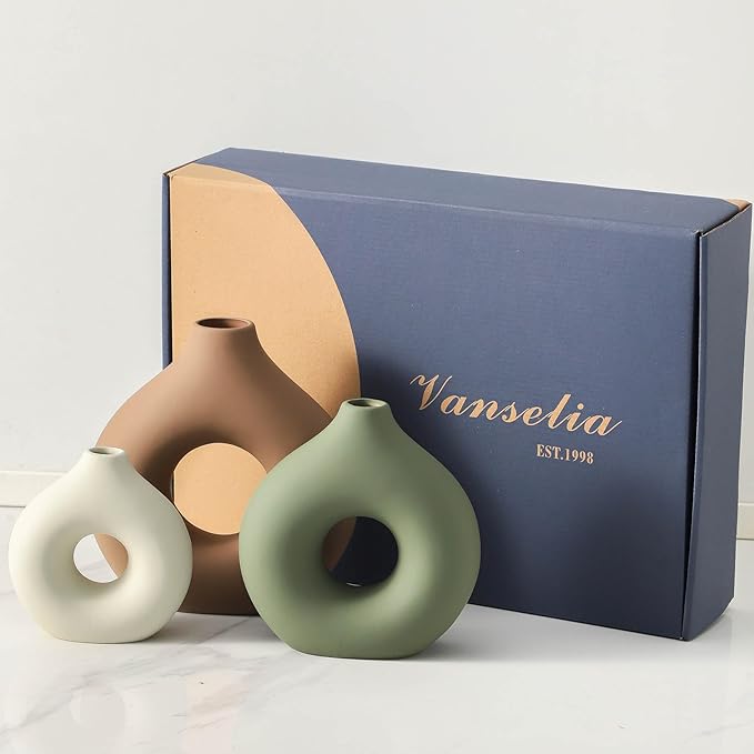 Ceramic Vase Home Table Decor - Flower Vases Set of 3 Small Living Room Centerpiece Decorations for Shelf Bedroom Office Kitchen Dining Desk Modern Aesthetic Farmhouse Decorative (Brown)