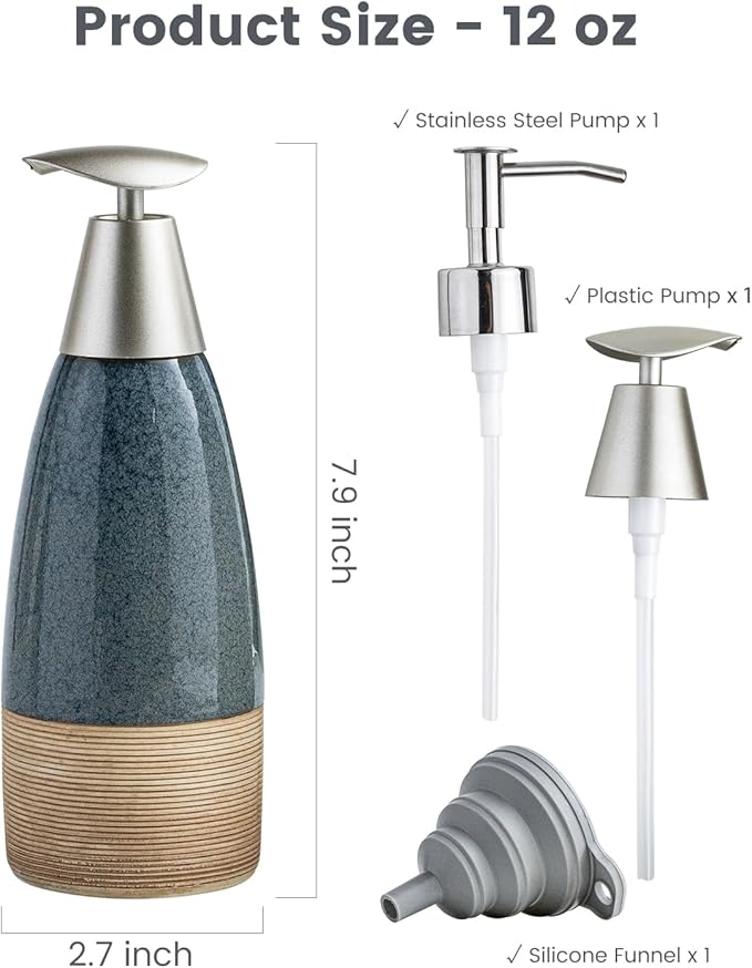 12 oz Dish Soap Dispenser with 2 Pumps, Ceramic Hand Soap Bottle for Shampoo, Body Wash, Lotion, Liquid Dispenser for Kitchen Countertop with Silicone Funnel, Ideal for Thanksgiving, Christmas, Blue