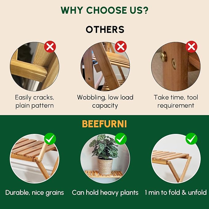 BEEFURNI Acacia Plant Stand Indoor, Wooden Outdoor Planter Stand, 3 Tier Succulent Shelf, Easy Assembly, Patio Balcony Sunroom Decor, Flower Garden Shelf, 1-year Manufacturer Warranty (Natural Wood)